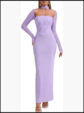 Long Sleeve Bodycon Maxi Dress Halter Neck Formal Wedding Guest